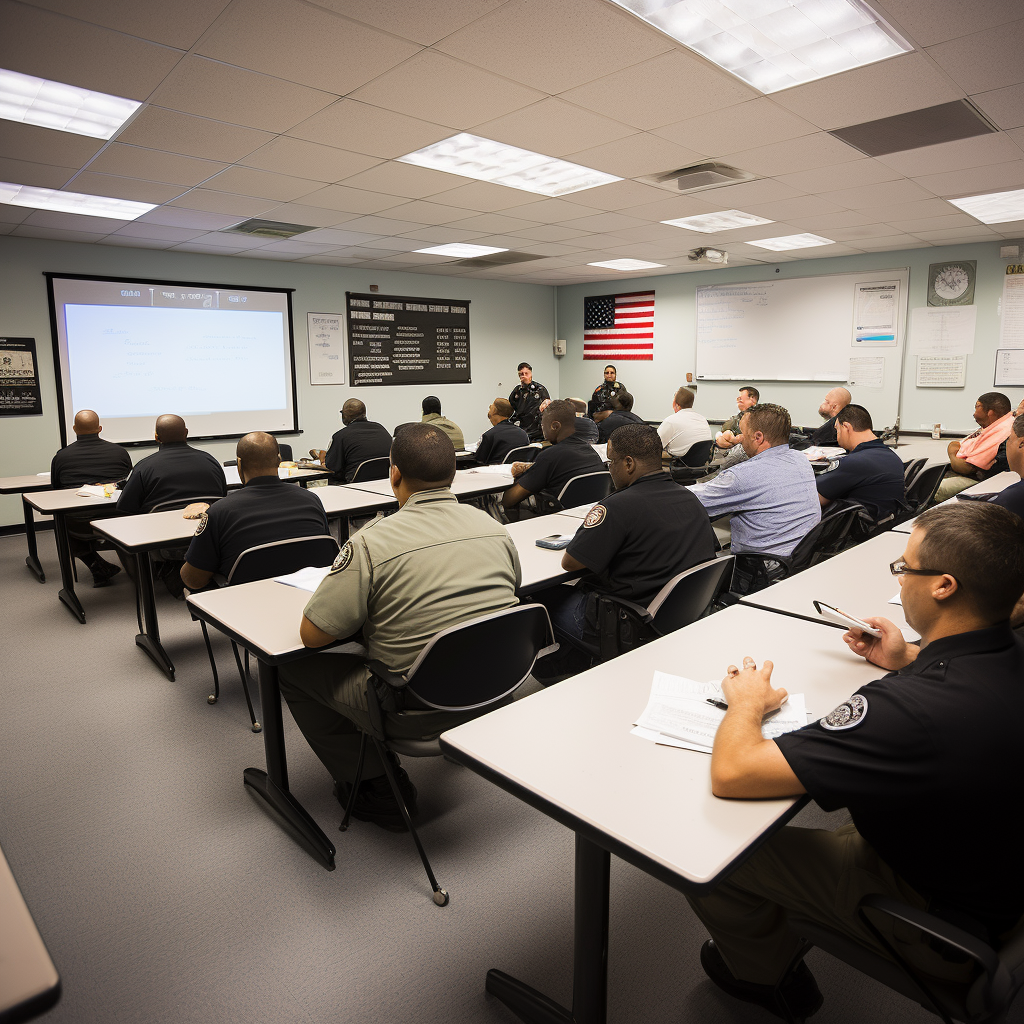 A classroom with uniform and plainclothes police officers taking a genetic genealogy training class.